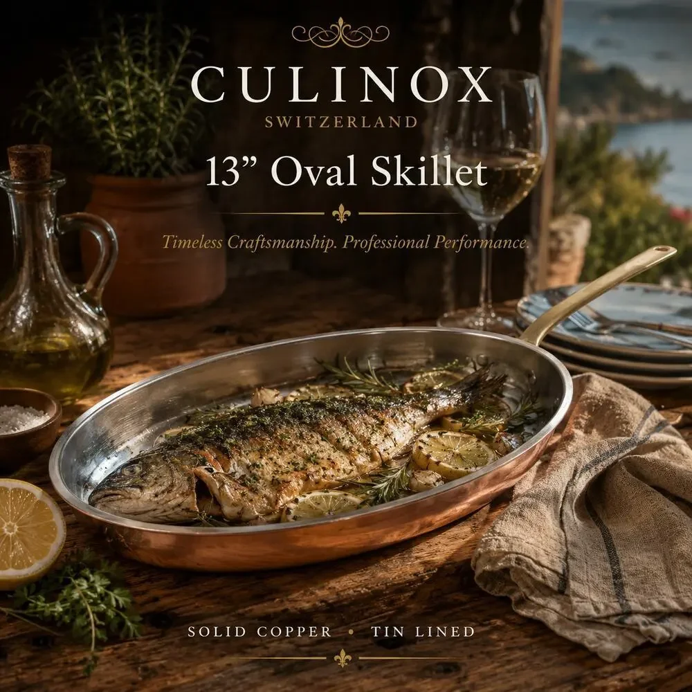 Vintage Culinox Spring 82 Swiss 13” Copper Oval Fish Fry Pan Skillet Cookware